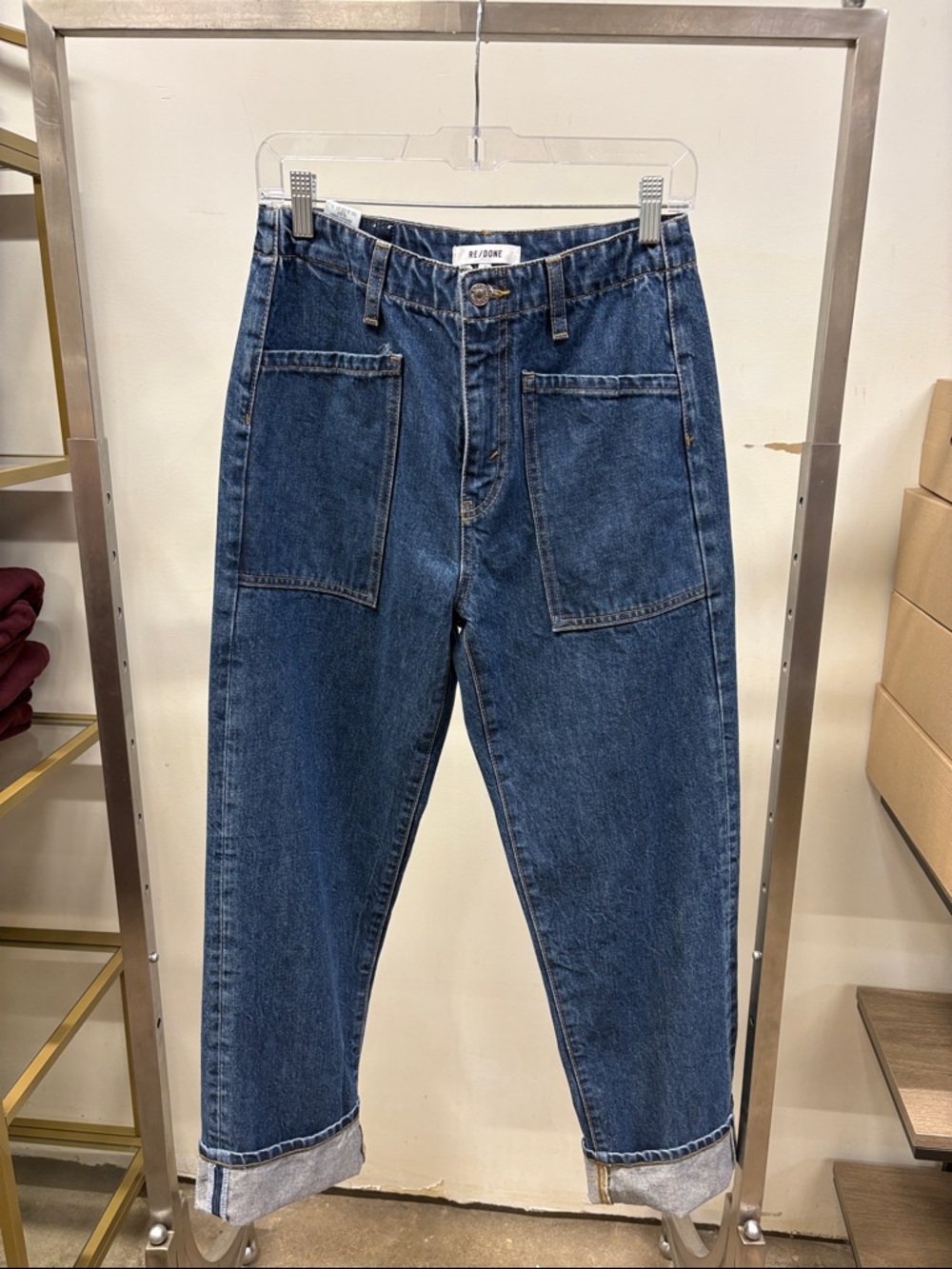 Redone  Bender Jean Indigo High-Rise Straight Jeans with Patch Pockets